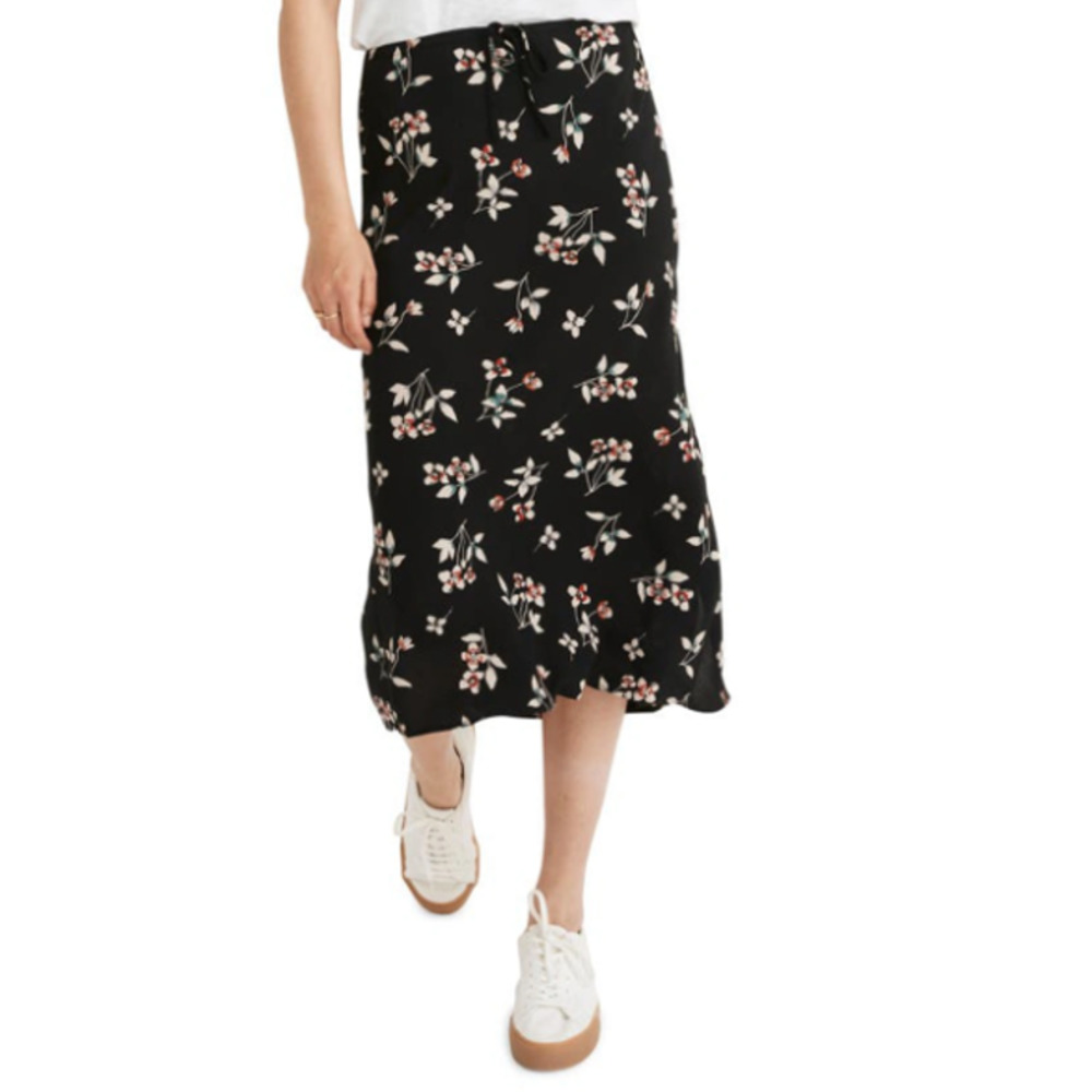 Madewell Botanical Print Midi Skirt Size 10 True Black Floral Bohemian M6288